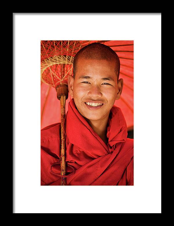 Scenics Framed Print featuring the photograph Novice Buddhist Monk, Myanmar by Hadynyah