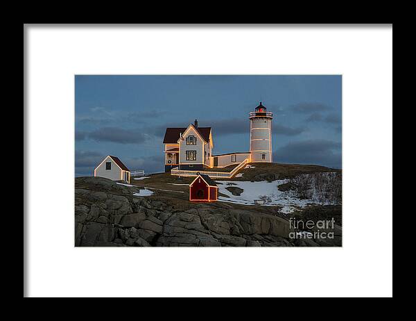 Lighthouse Framed Print featuring the photograph Nubble lighthouse at Christmas by Steven Ralser