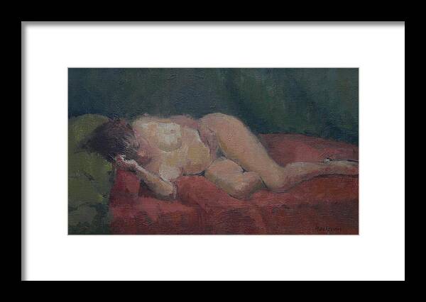 Female Framed Print featuring the painting Nude On Red And Green by Pat Maclaurin