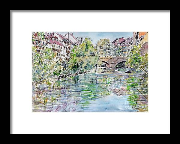 Watercolour Framed Print featuring the painting Nuremberg river Pegnitz watching Charles Bridge by Almo M
