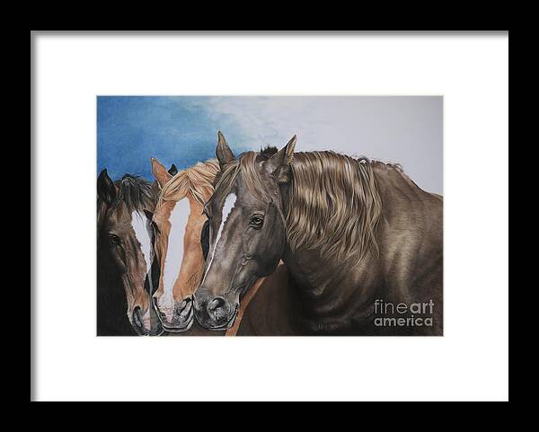 Horses Sleeping Framed Print featuring the pastel Nuzzle to Nuzzle by Joni Beinborn