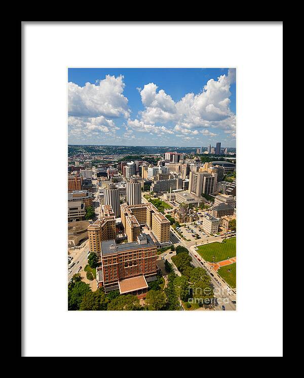 Aerial View Framed Print featuring the photograph Oakland Pitt Campus with city of PIttsburgh in the Distance by Amy Cicconi