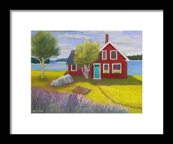 Landscape Seascape Cottage Lupine Deer Isle Ocean Inlet Rocky Coast Well Flowers Framed Print featuring the painting Ocean Cottage #1 by Scott W White