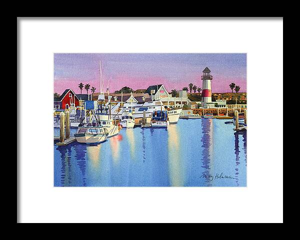 Oceanside Framed Print featuring the painting Oceanside Harbor at Dusk by Mary Helmreich