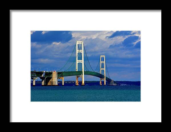 Michigan Framed Print featuring the photograph October Sky Mackinac Bridge by Keith Stokes