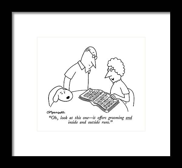 

 Woman Says To Husband As She Looks Through Phone Book Framed Print featuring the drawing Oh, Look At This One - It Offers Grooming by Charles Barsotti