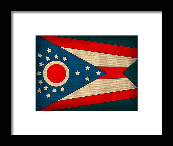 Ohio Framed Print featuring the mixed media Ohio State Flag Art on Worn Canvas by Design Turnpike