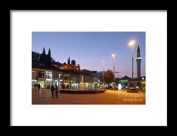 Ohrid Framed Print featuring the photograph Ohrid town at dusk by Phil Banks