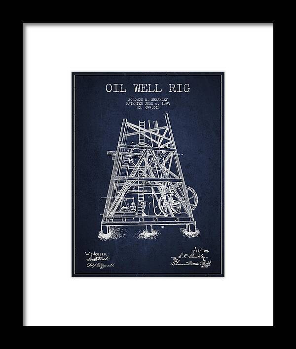 Oil Framed Print featuring the digital art Oil Well Rig Patent from 1893 - Navy Blue by Aged Pixel
