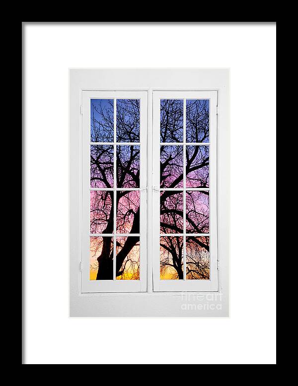 Colorful Framed Print featuring the photograph Old 16 Pane White Window Colorful Sunset Tree View by James BO Insogna