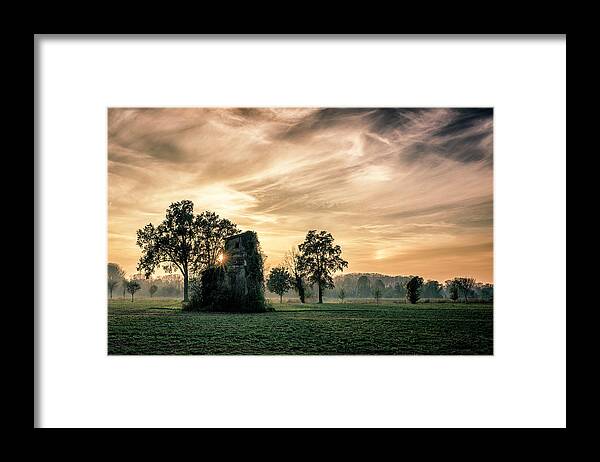 Fog Framed Print featuring the photograph Old Abandoned House Covered By Vegetation At Sunset by Denis Bondioli