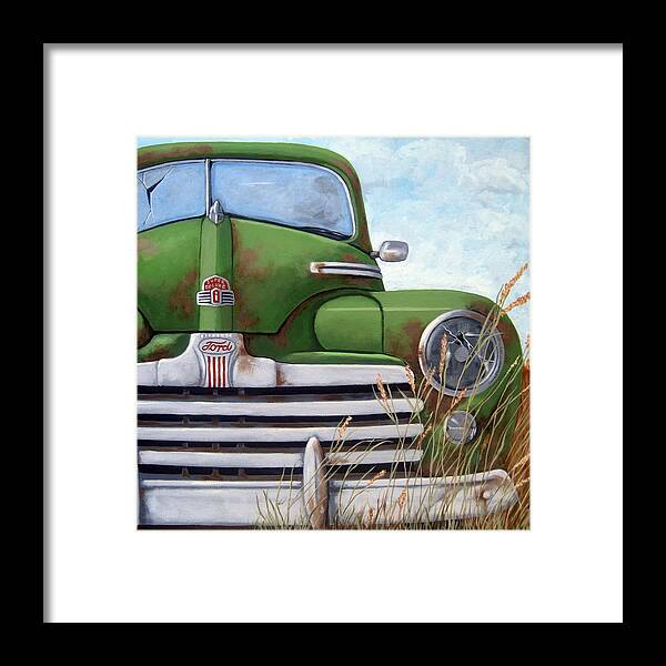 Rusty Car Framed Print featuring the painting Old and Rusty Vintage Ford realism auto scene by Linda Apple