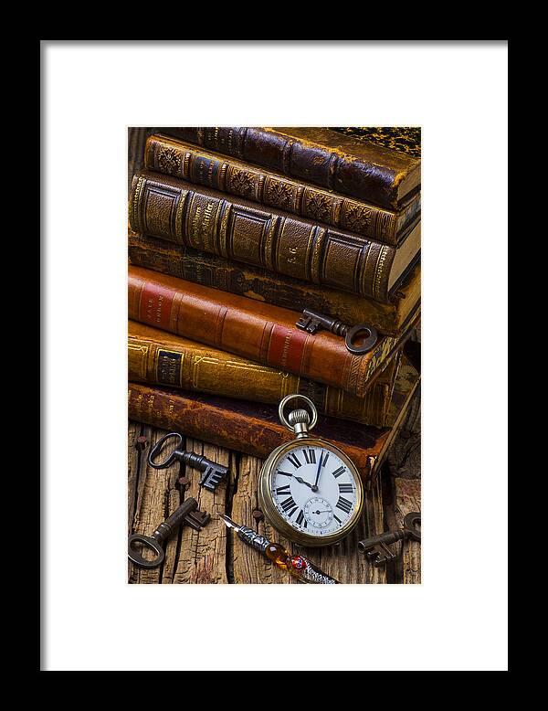 Key Framed Print featuring the photograph Old Books and Pocketwatch by Garry Gay