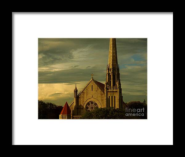 Old Church Framed Print featuring the photograph Old Church with Dramatic Clouds and Sky at Sunset by Miriam Danar