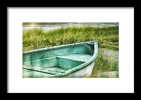Cape Cod Framed Print featuring the mixed media Old dinghy on the beach Cape Cod MA retro feel by Marianne Campolongo