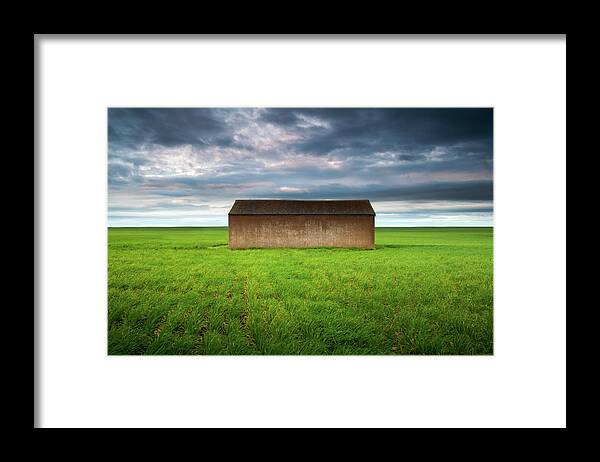 Tranquility Framed Print featuring the photograph Old Farm Shed In Green Wheat Field by Robert Lang Photography
