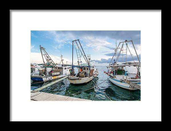 Boat Framed Print featuring the photograph Old Fishing Boats In Evening Harbor by Andreas Berthold