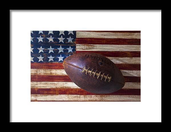 Football Framed Print featuring the photograph Old Football On American Flag by Garry Gay