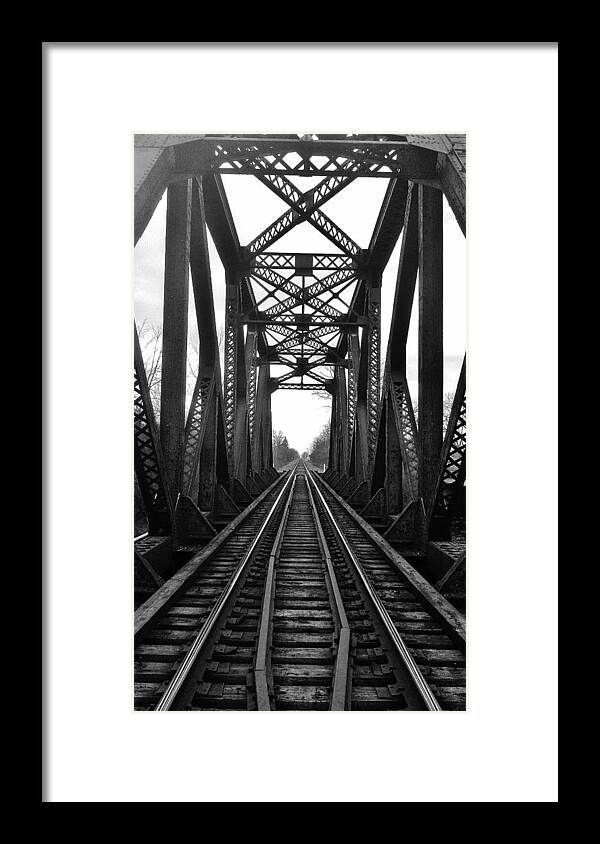 Huron River Framed Print featuring the photograph Old Huron River RxR Bridge black and white by Daniel Thompson