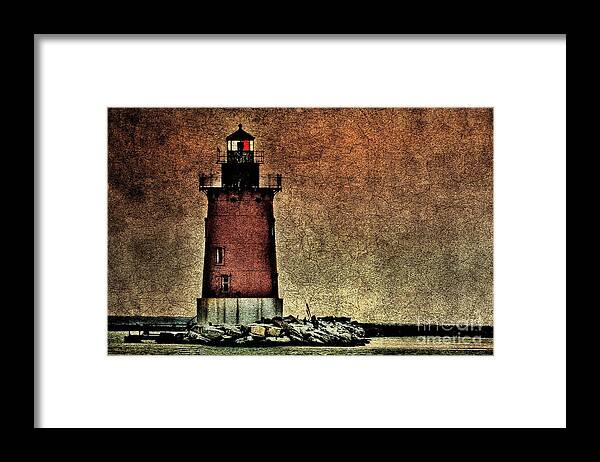 Lighthouse Framed Print featuring the photograph Old Lighthouse at Dusk by Gene Bleile Photography 