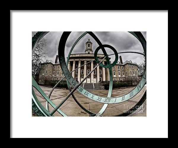Penn State Framed Print featuring the photograph Old Main through the Armillary Sphere by Mark Miller