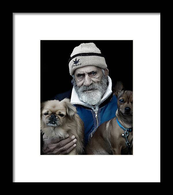 Old Men With 2 Dogs Framed Print featuring the photograph Old Men by Patrick Boening