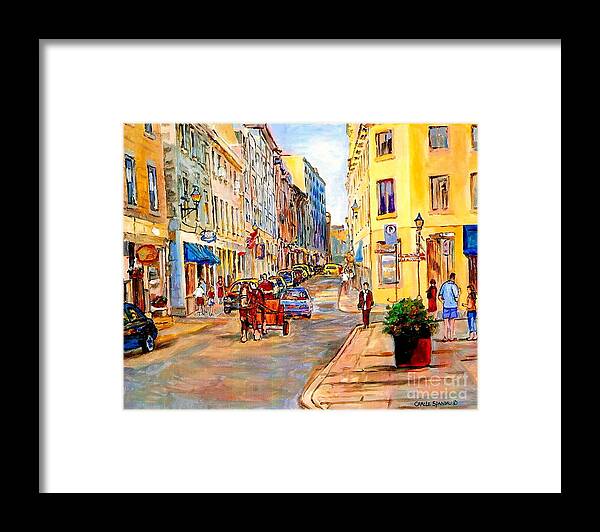 Montreal Framed Print featuring the painting Old Montreal Paintings Youville Square Rue De Commune Vieux Port Montreal Street Scene by Carole Spandau