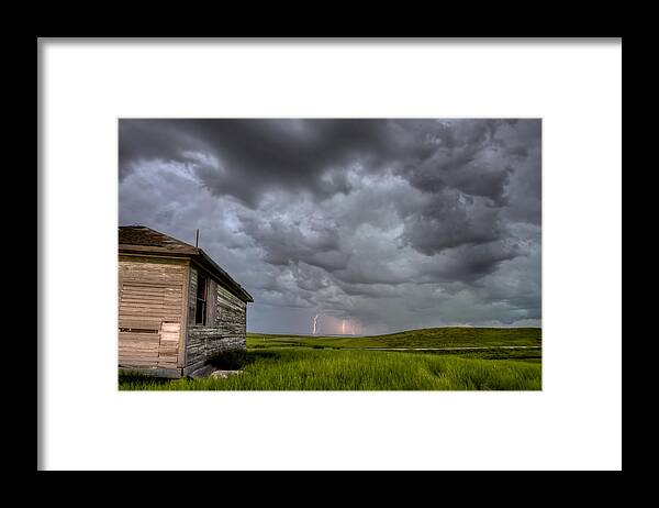 Prairie Framed Print featuring the photograph Old School House and Lightning by Mark Duffy