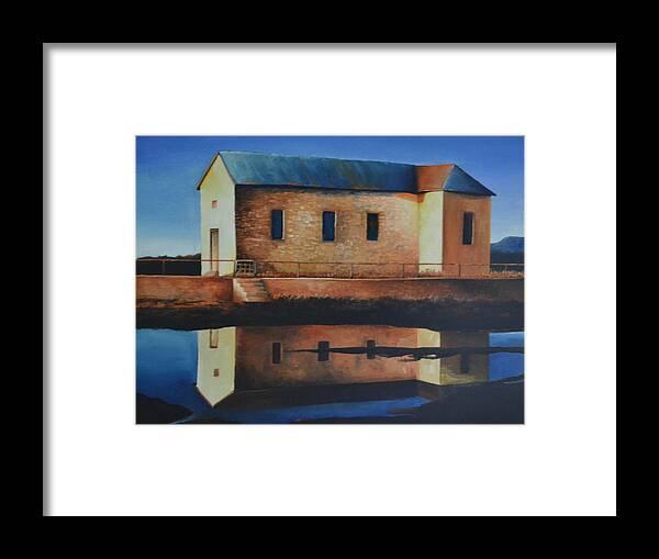 A Old School House Located In New Mexico With Mountains And Next To A Small Pond Framed Print featuring the painting Old School House by Martin Schmidt