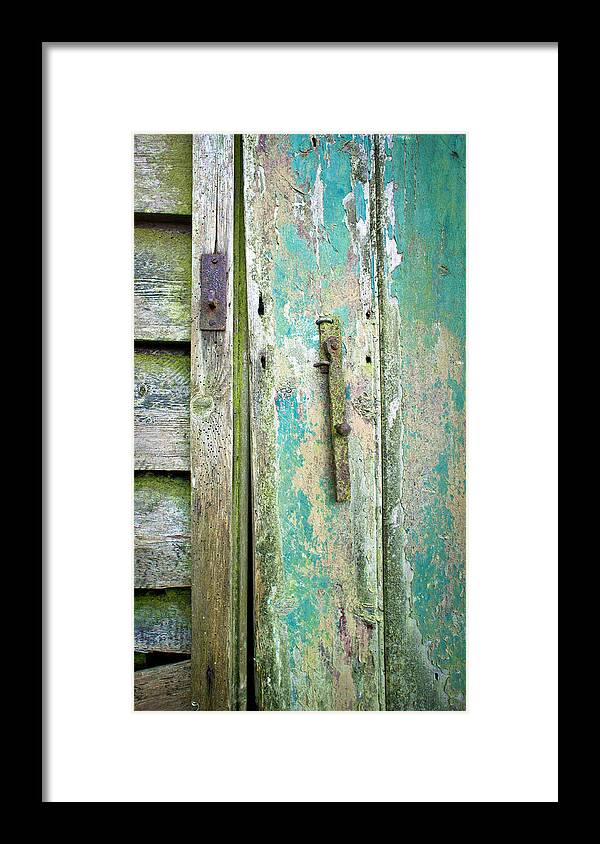 Background Framed Print featuring the photograph Old shed door by Tom Gowanlock