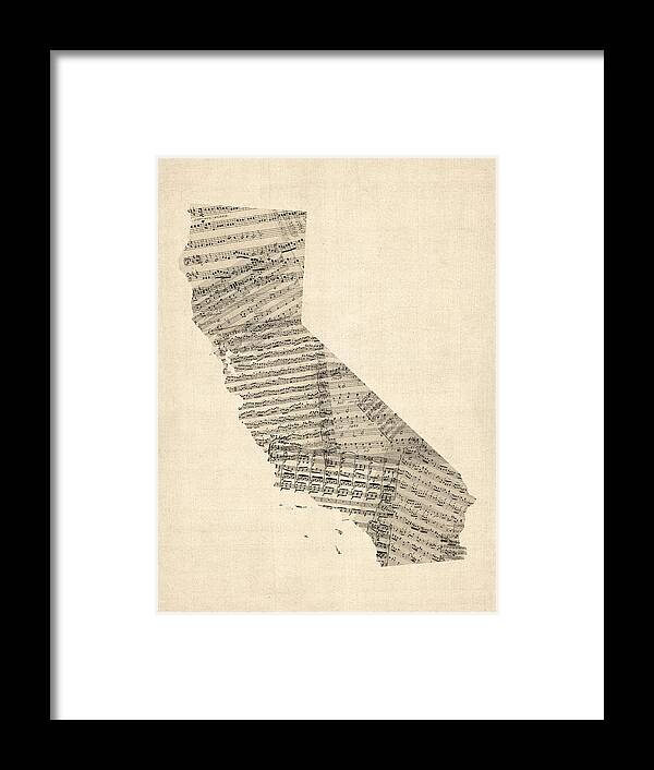 California Map Framed Print featuring the digital art Old Sheet Music Map of California by Michael Tompsett
