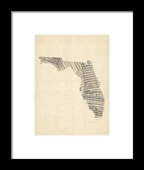 Florida Framed Print featuring the digital art Old Sheet Music Map of Florida by Michael Tompsett