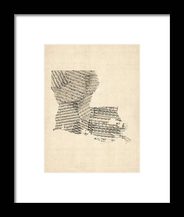 Louisiana Map Framed Print featuring the digital art Old Sheet Music Map of Louisiana by Michael Tompsett