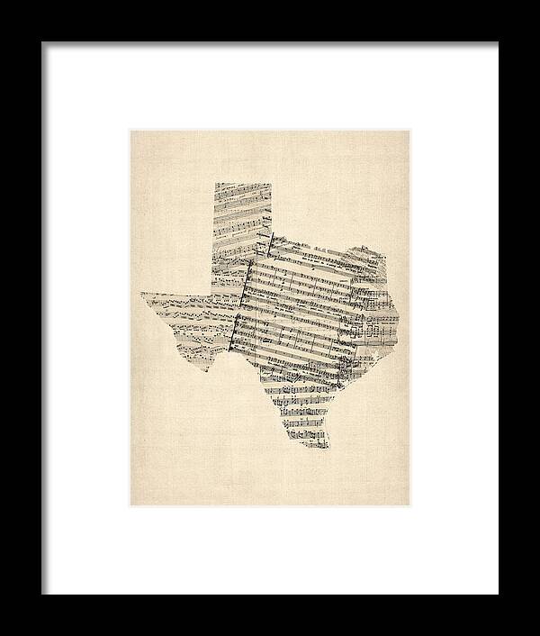Texas Framed Print featuring the digital art Old Sheet Music Map of Texas by Michael Tompsett