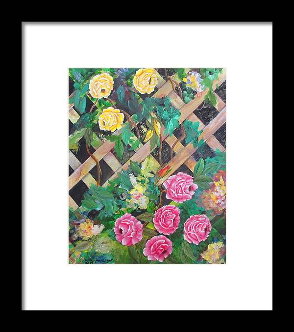 Painting Framed Print featuring the painting Old Trellis Roses by Ashley Goforth