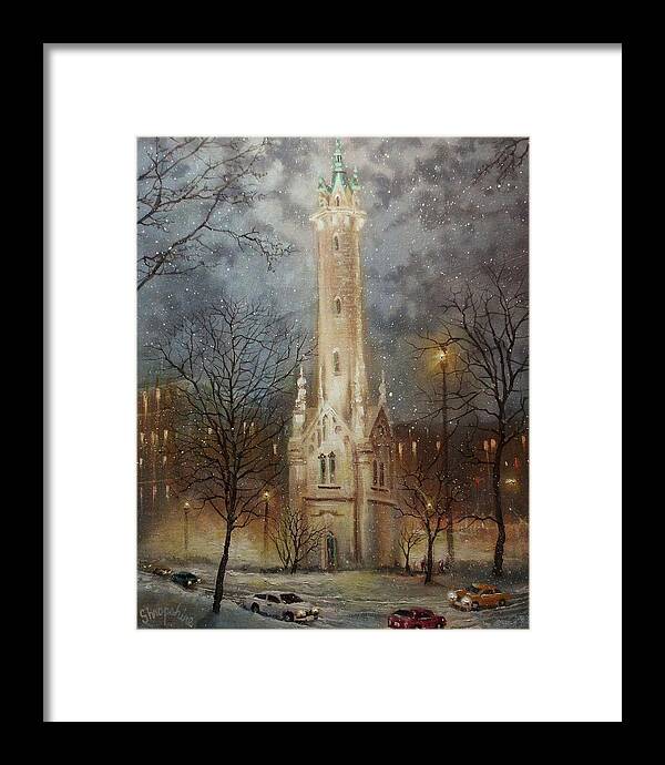 City At Night Framed Print featuring the painting Old Water Tower Milwaukee by Tom Shropshire