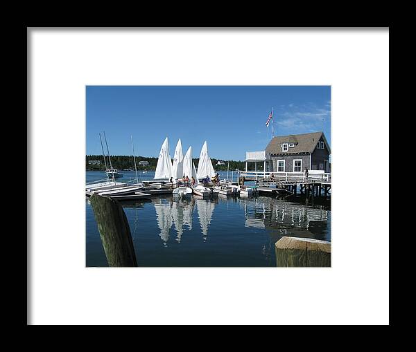 Adventure Photo Framed Print featuring the photograph On a beautiful Maine summer morning on the island of North Havenjunior sailing participants rig sailboats by Downeast Yacht Shots- Ted Fisher Photography