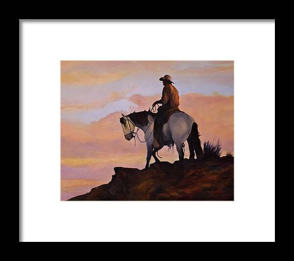 Western Framed Print featuring the painting On The Ridge by Barry BLAKE