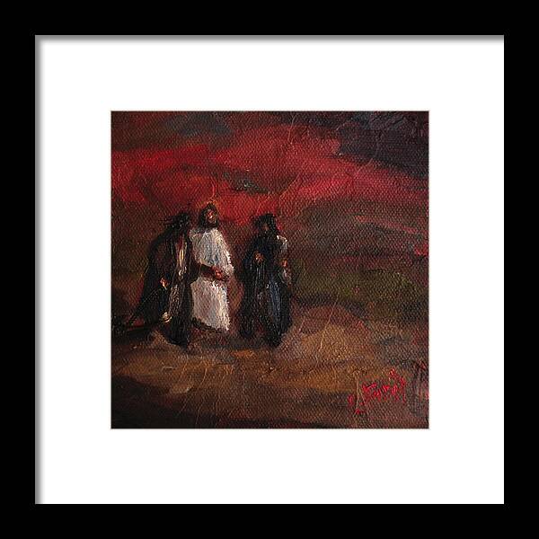 Jesus Framed Print featuring the painting On the Road to Emmaus by Carole Foret