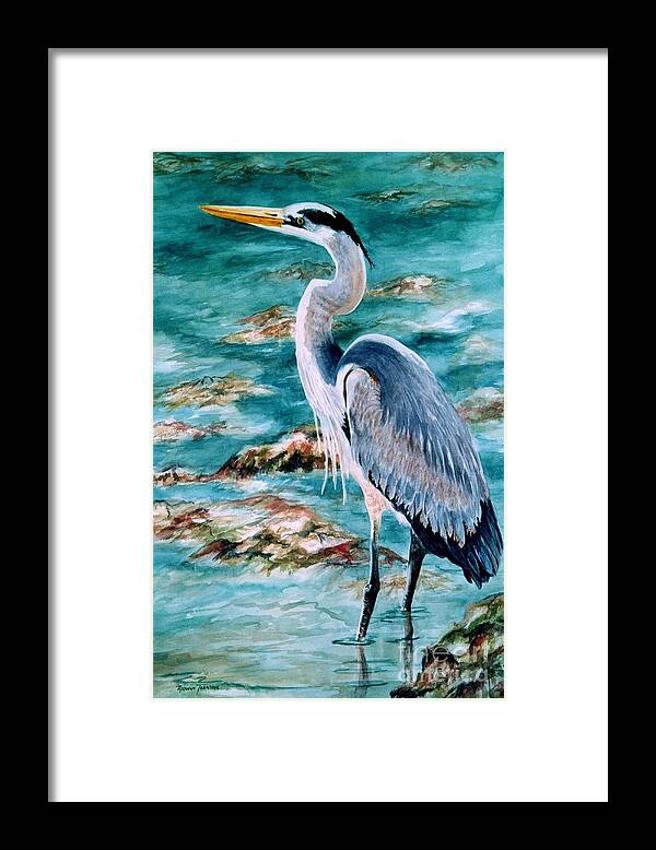 Great Blue Heron Framed Print featuring the painting On the Rocks Great Blue Heron by Roxanne Tobaison