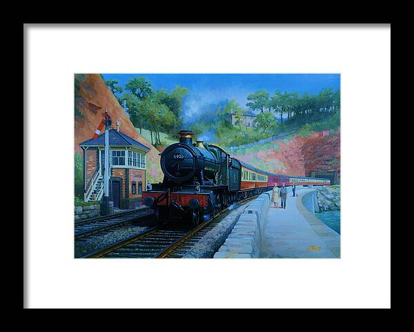 Train Framed Print featuring the painting On the sea wall. by Mike Jeffries