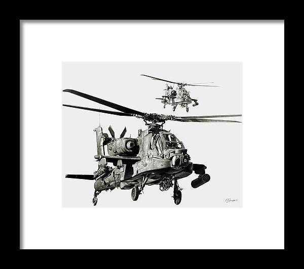 Attack Helicopter Framed Print featuring the drawing On The Way by Murray Jones