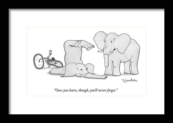 Once You Learn Framed Print featuring the drawing One Elephant Says To Another Elephant Who by Charlie Hankin