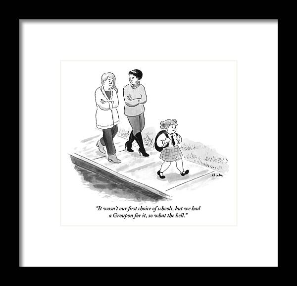 Coupon Framed Print featuring the drawing One Woman To Another As They Walk Down The Street by Emily Flake
