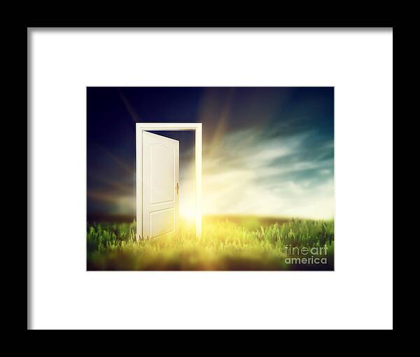 Door Framed Print featuring the photograph Open door on the green field by Michal Bednarek