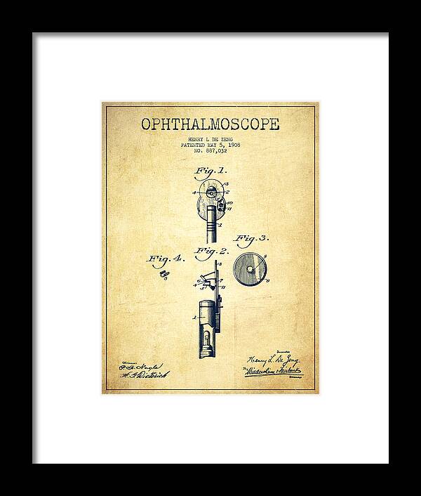Medical Device Framed Print featuring the digital art Ophthalmoscope Patent from 1908 - Vintage by Aged Pixel