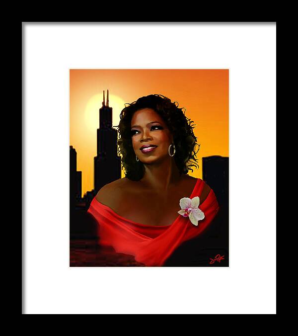 Oprah Framed Print featuring the painting Oprah and A Chicago Sunset by Jann Paxton
