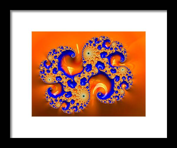 Orange Framed Print featuring the digital art Orange and blue fractal spirals by Matthias Hauser