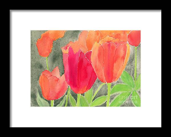 Tulips Framed Print featuring the painting Orange and Red Tulips by Conni Schaftenaar