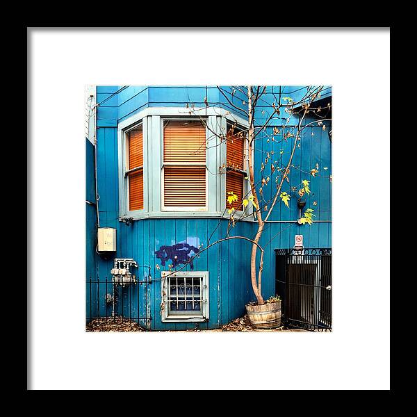 Blue House Framed Print featuring the photograph Orange Blinds by Julie Gebhardt